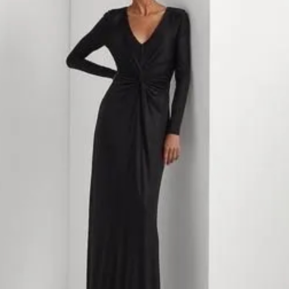 Black Ruched Wrap Long Sleeve Cocktail Gown Ralph Lauren